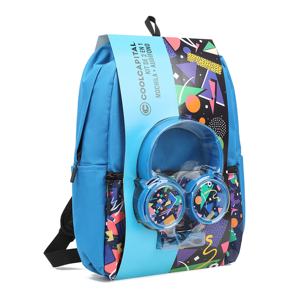 Mochila para laptop + audífonos alámbricos on ear | CoolCapital Blue Retro| 15.6" pulgadas combo